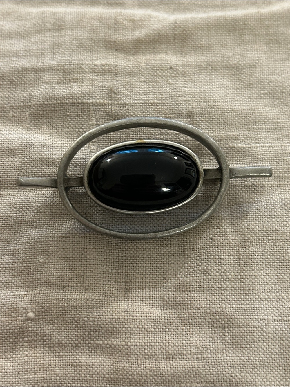 Oval Black Stone Silver-Tone Brooch